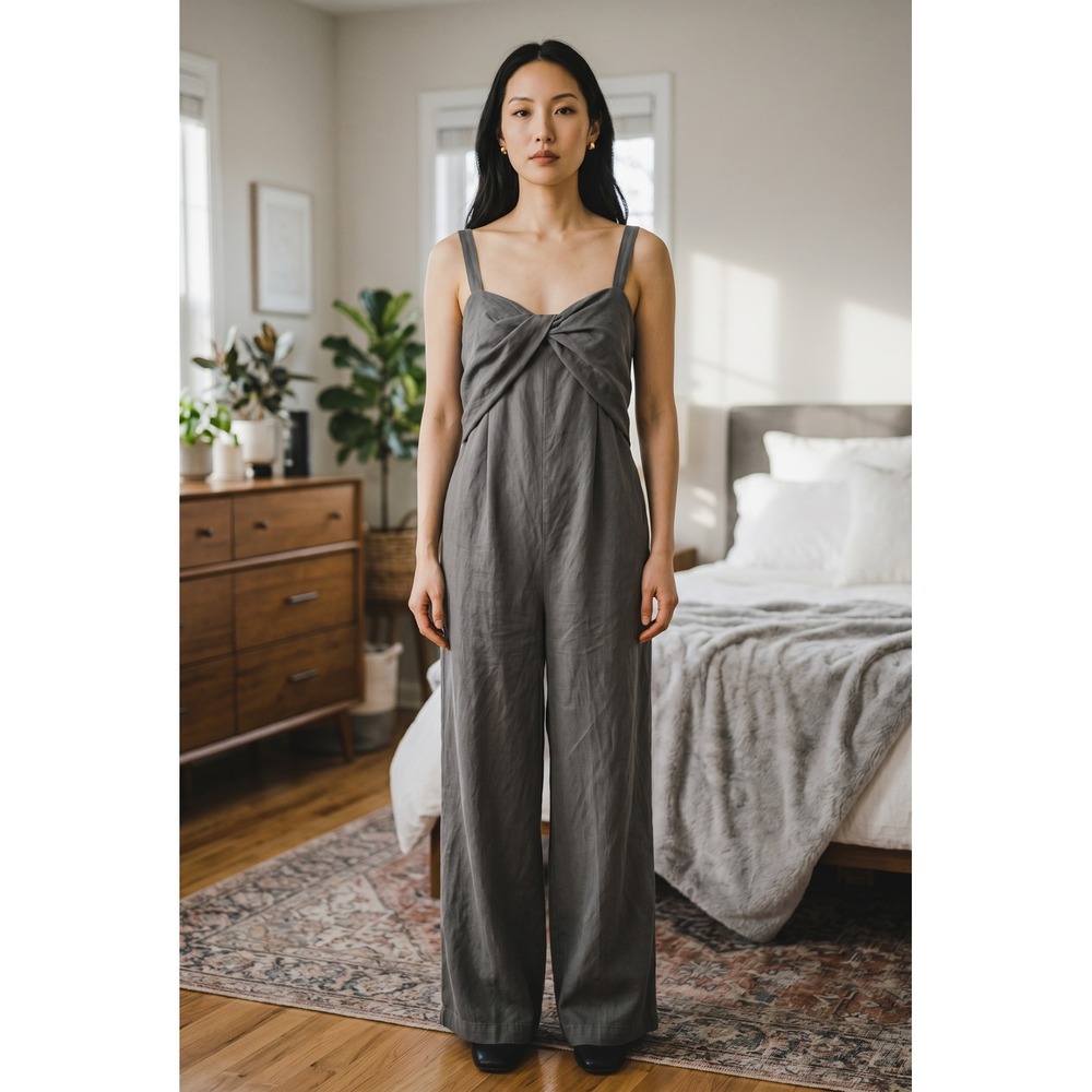 COS Twist Front Wide Leg Jumpsuit Charcoal Grey Linen Blend EU 34 US 2-4 Womens